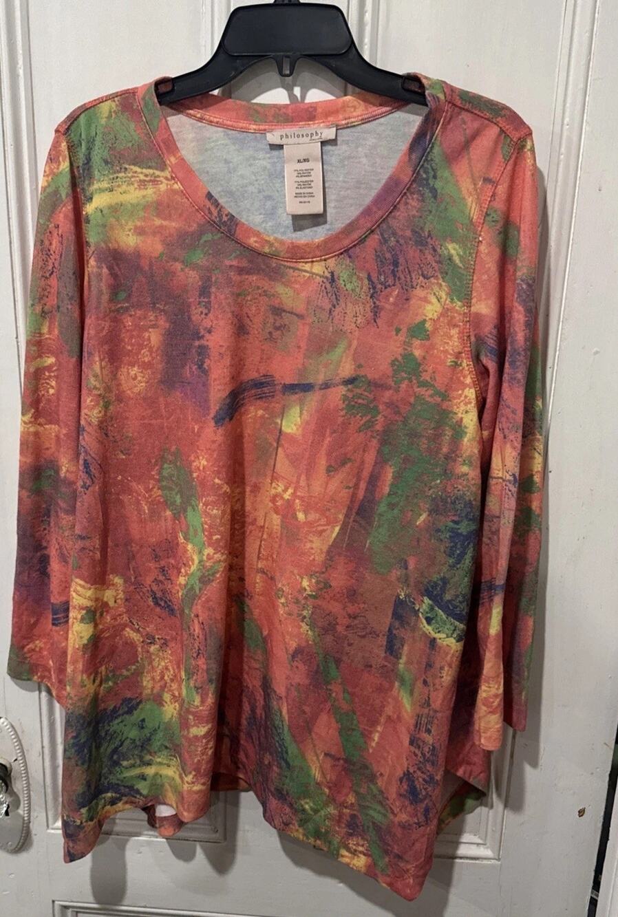 Philosophy Women’s XL Abstract Print Long Sleeve Tunic Top Multicolor Scoop Neck